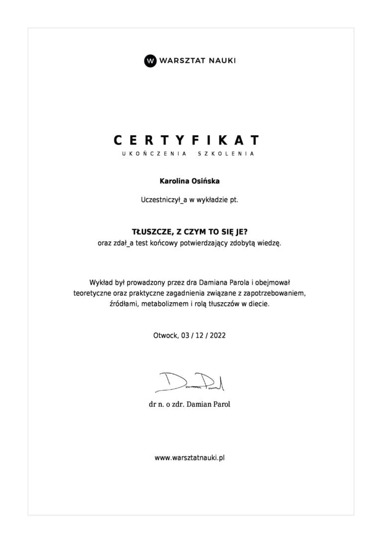 Certyfikat - Tłuszcze, z czym to się je